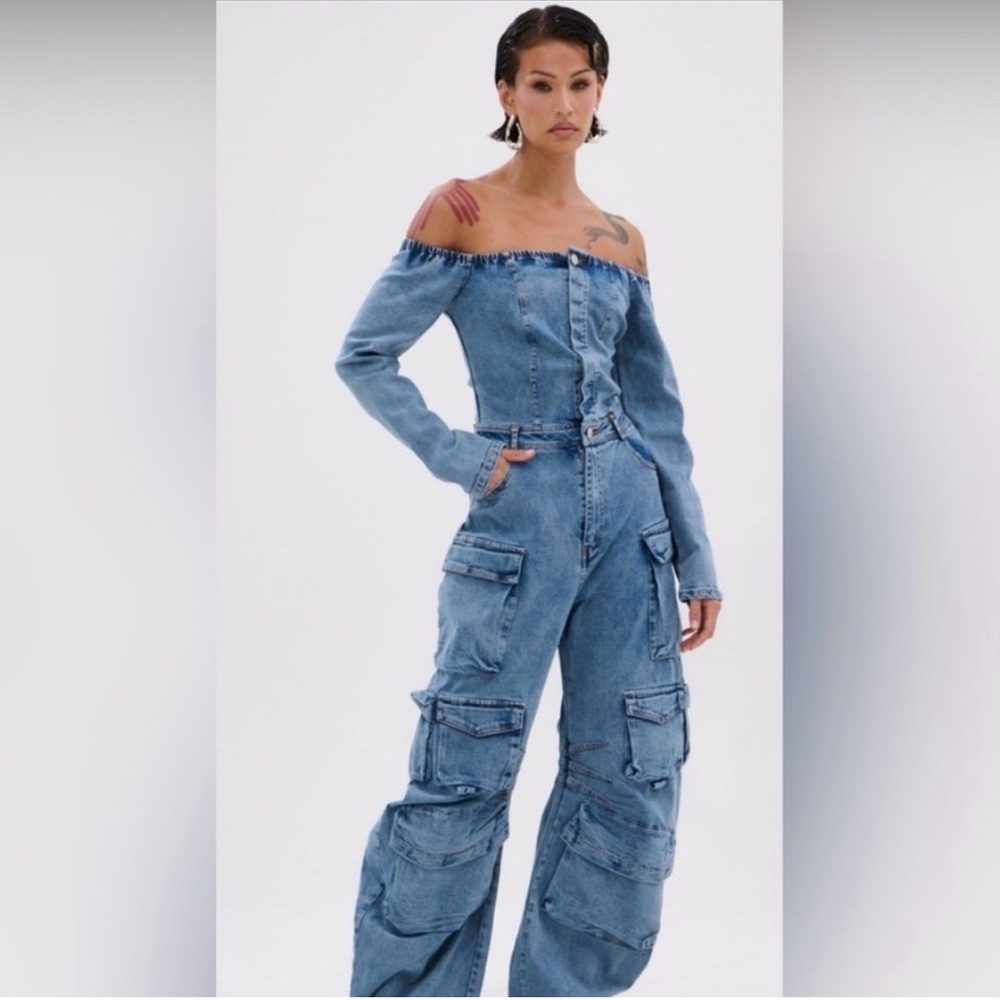 AKIRA Blue Denim Off-Shoulder Utility Style Jumpsuit - Picture 2 of 8
